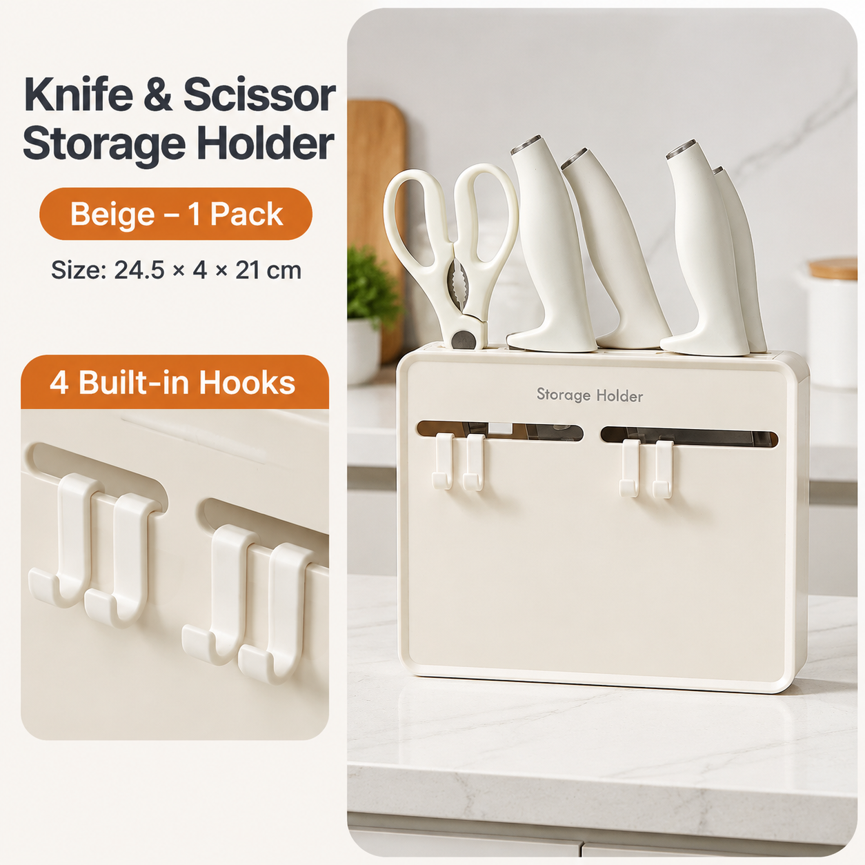 Beige Wall Mounted Knife and Scissor Storage Holder - 24.5 cm No Drill Kitchen view 2