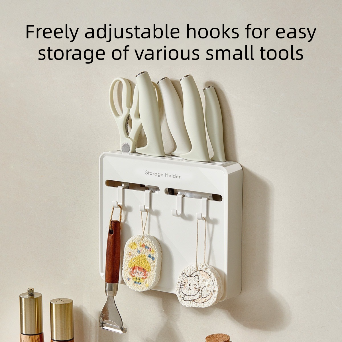Beige Wall Mounted Knife and Scissor Storage Holder - 24.5 cm No Drill Kitchen view 4
