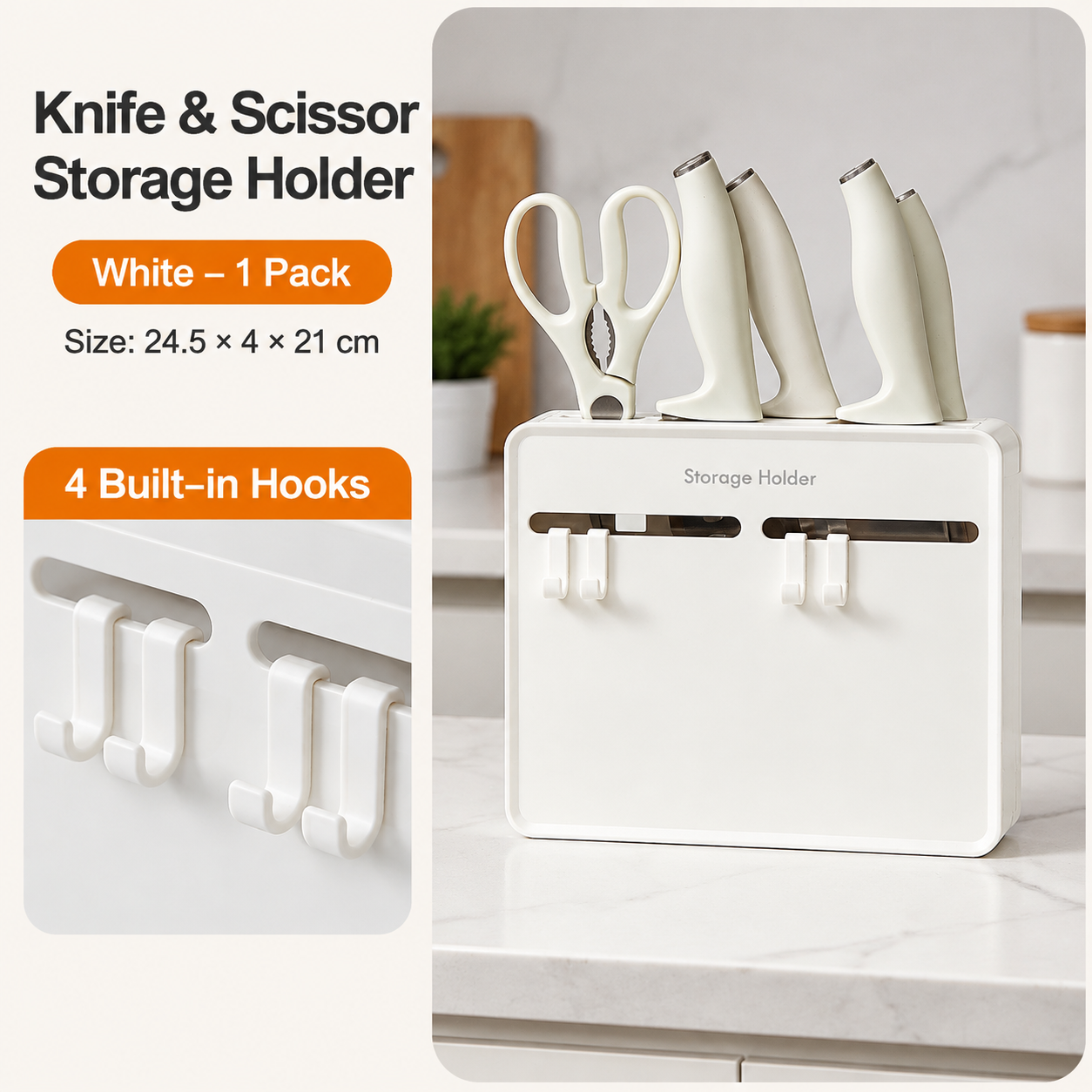 White Wall Mounted Knife and Scissor Storage Holder - 24.5 cm No Drill Kitchen view 2
