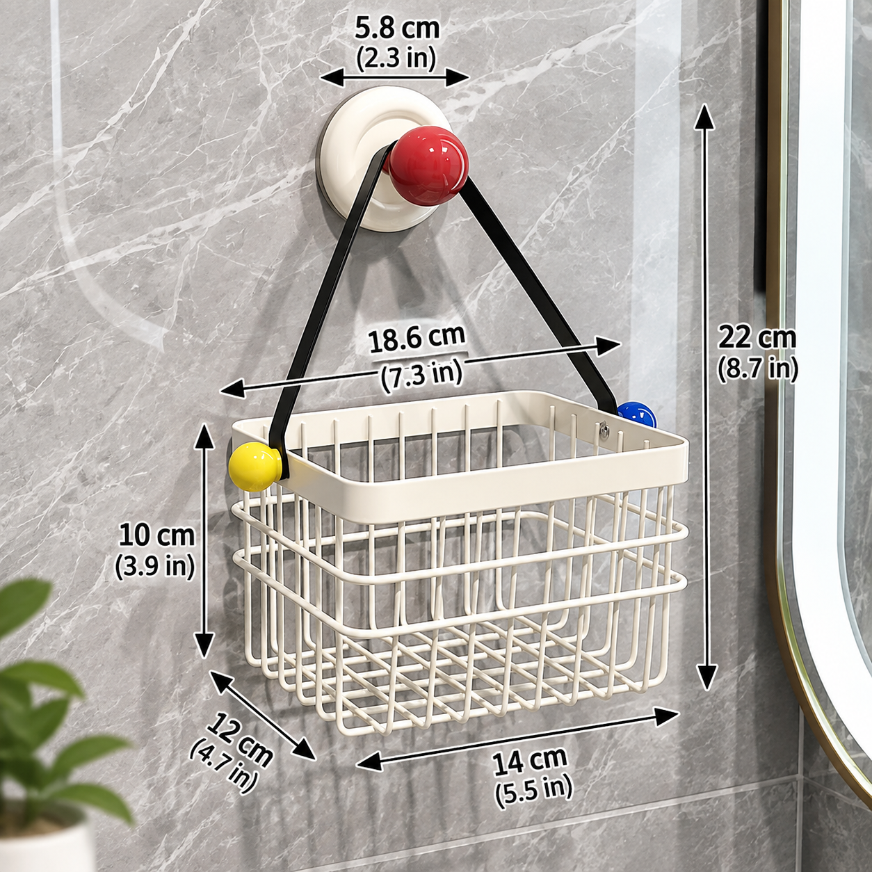 Suction Cup Wall Mounted Storage Basket - 14 x 12 x 10 cm No Drill Hanging view 5