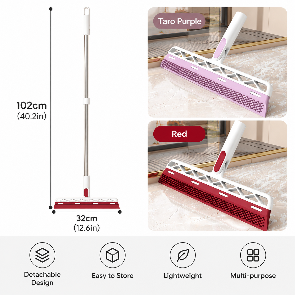 Red 2 in 1 Floor Squeegee Broom - 102cm Long Handle 32cm Double Sided Cleaning view 7