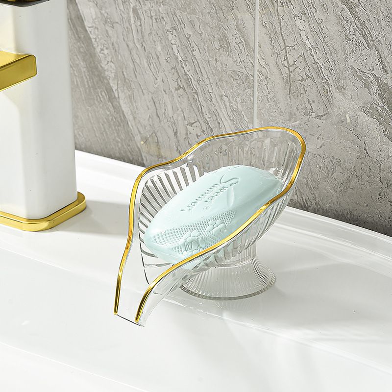 Transparent Leaf Shaped Soap Dish with Drainage Spout - Decorative Gold Rim