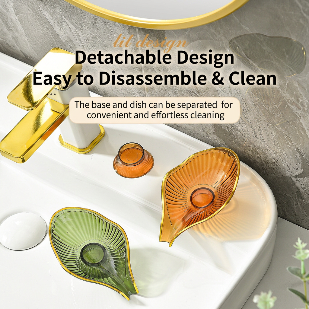 Transparent Leaf Shaped Soap Dish with Drainage Spout - Decorative Gold Rim view 2