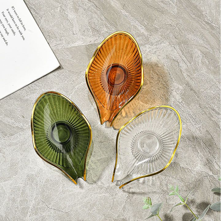 Orange Leaf Shaped Soap Dish with Drainage Spout - Decorative Gold Rim view 3