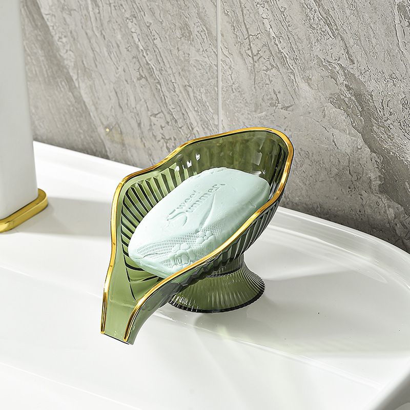 Green Leaf Shaped Soap Dish with Drainage Spout - Decorative Gold Rim