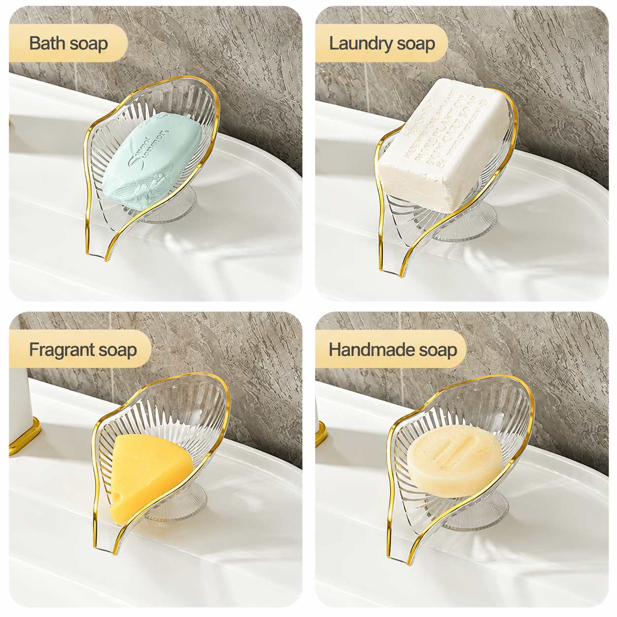 2 PCS Transparent Leaf Shaped Soap Dish with Drainage Spout - Decorative Gold view 6