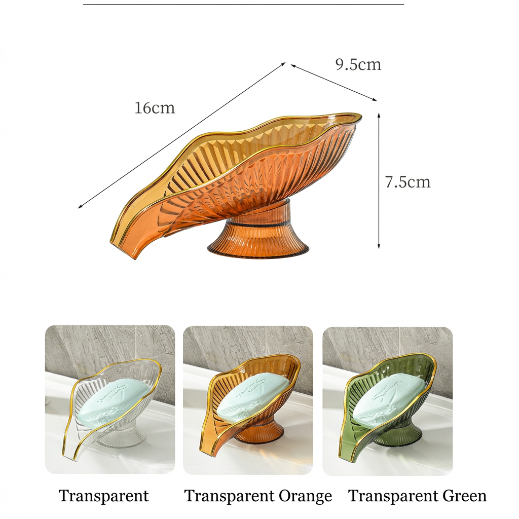 2 PCS Transparent Leaf Shaped Soap Dish with Drainage Spout - Decorative Gold view 8