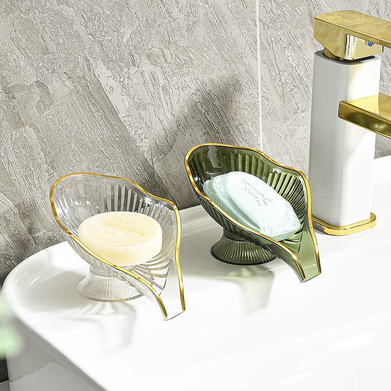 2 PCS Green Leaf Shaped Soap Dish with Drainage Spout - Decorative Gold Rim view 4