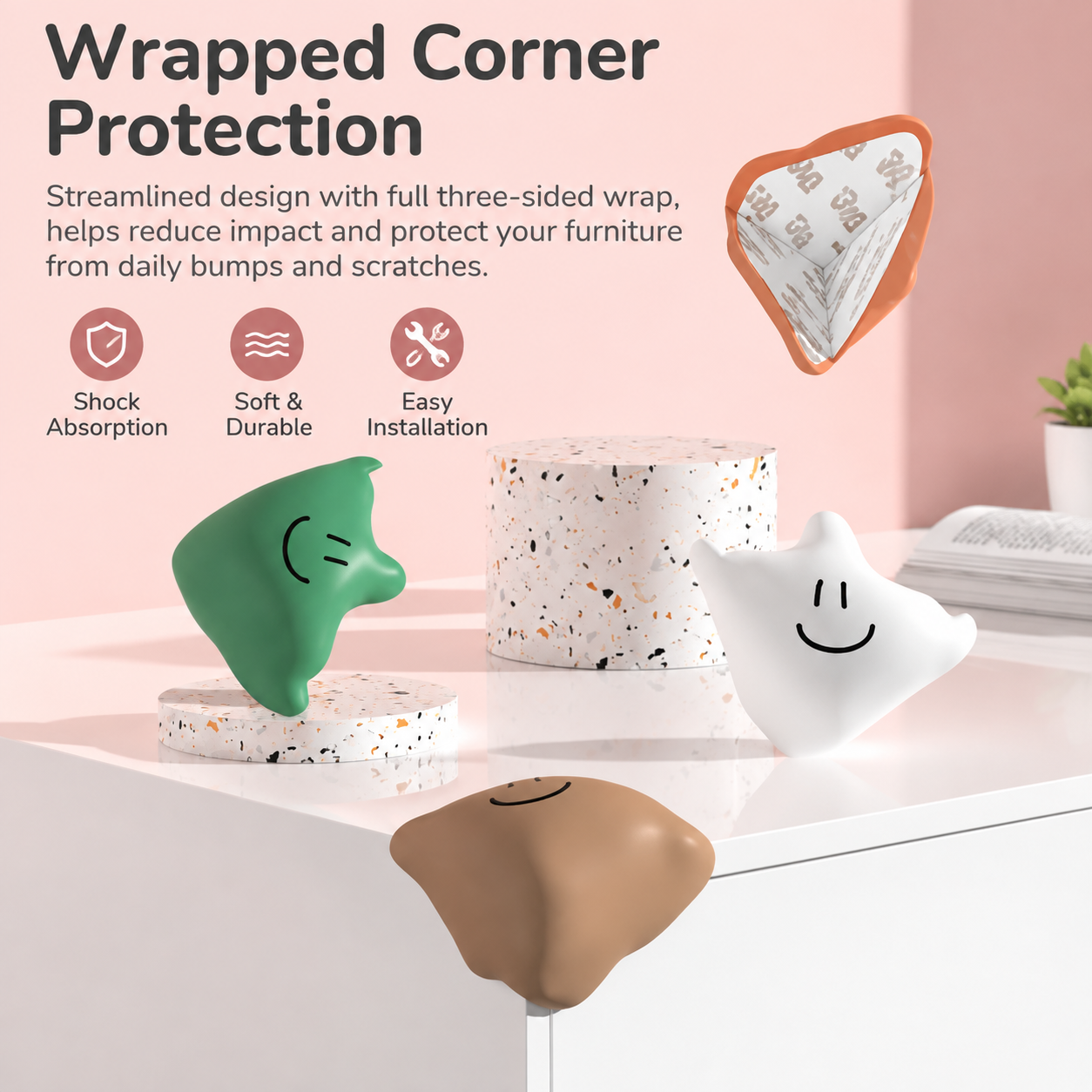 Beige Silicone Furniture Corner Protectors 6 Pack - Soft Self Adhesive 3-Sided view 2