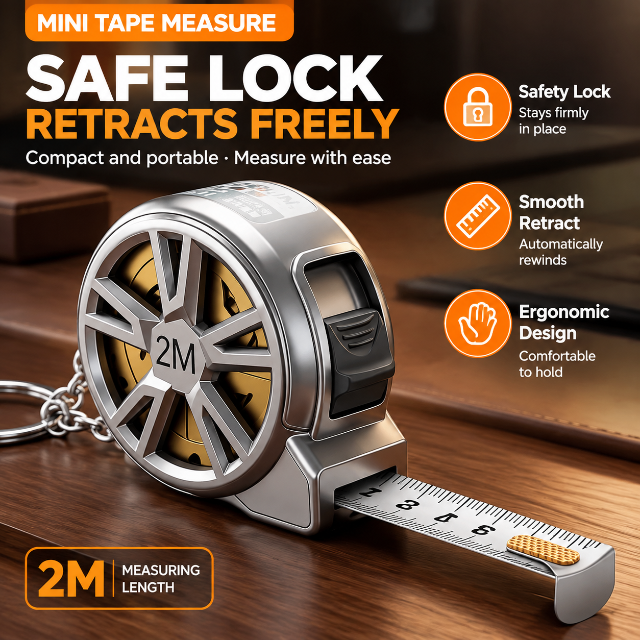2M Mini Keychain Tape Measure - Compact Zinc Alloy Wheel Design with Stainless view 2