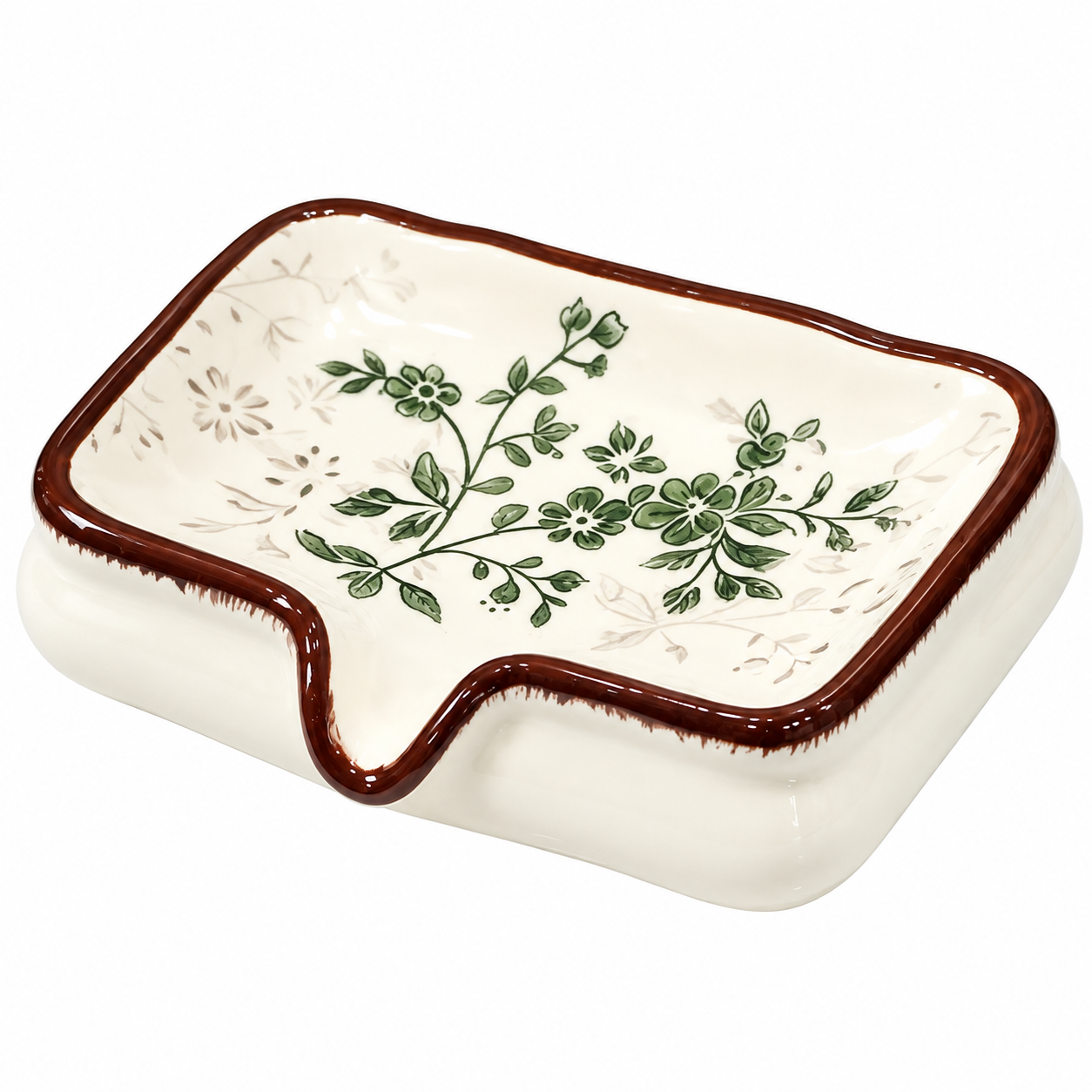Brown Ceramic Soap Dish with Drainage Spout - 12.5 cm Floral Soap Holder with