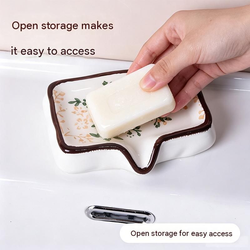 Brown Ceramic Soap Dish with Drainage Spout - 12.5 cm Floral Soap Holder with view 3