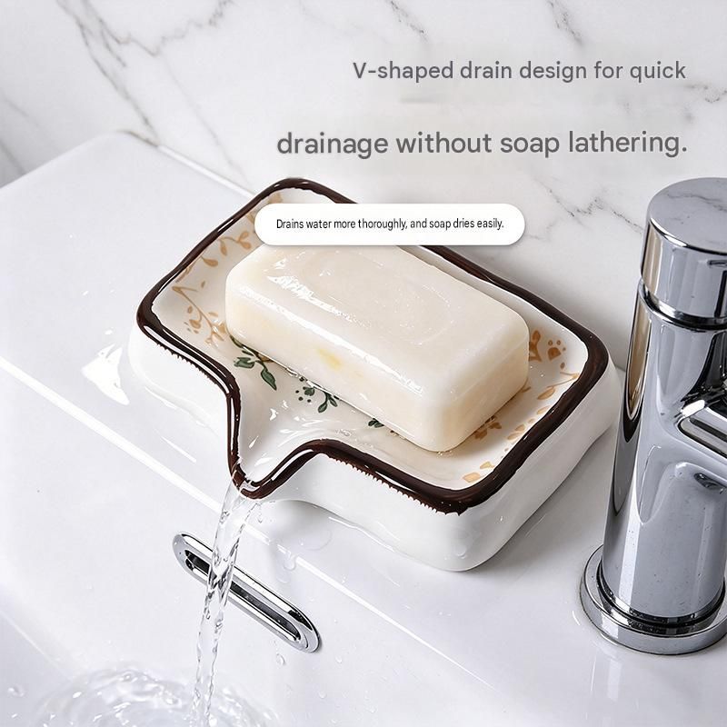 Brown Ceramic Soap Dish with Drainage Spout - 12.5 cm Floral Soap Holder with view 4