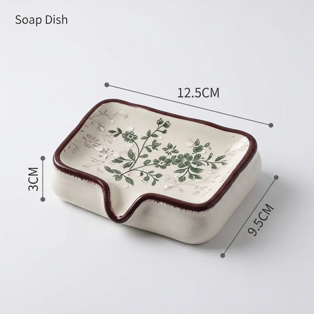 Brown Ceramic Soap Dish with Drainage Spout - 12.5 cm Floral Soap Holder with view 6
