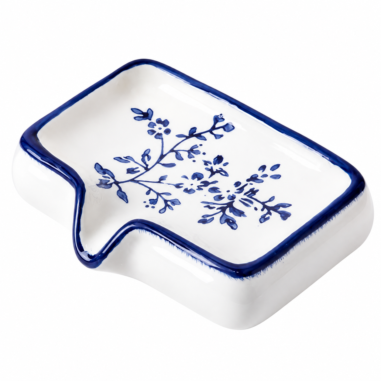 Blue Ceramic Soap Dish with Drainage Spout - 12.5 cm Floral Soap Holder with