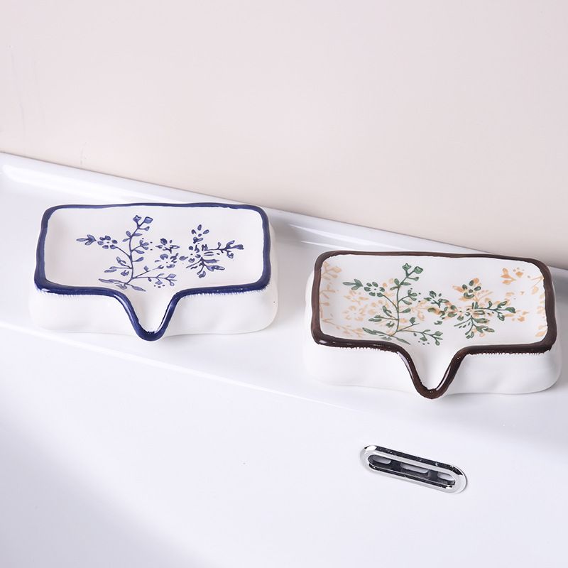 Blue Ceramic Soap Dish with Drainage Spout - 12.5 cm Floral Soap Holder with view 3