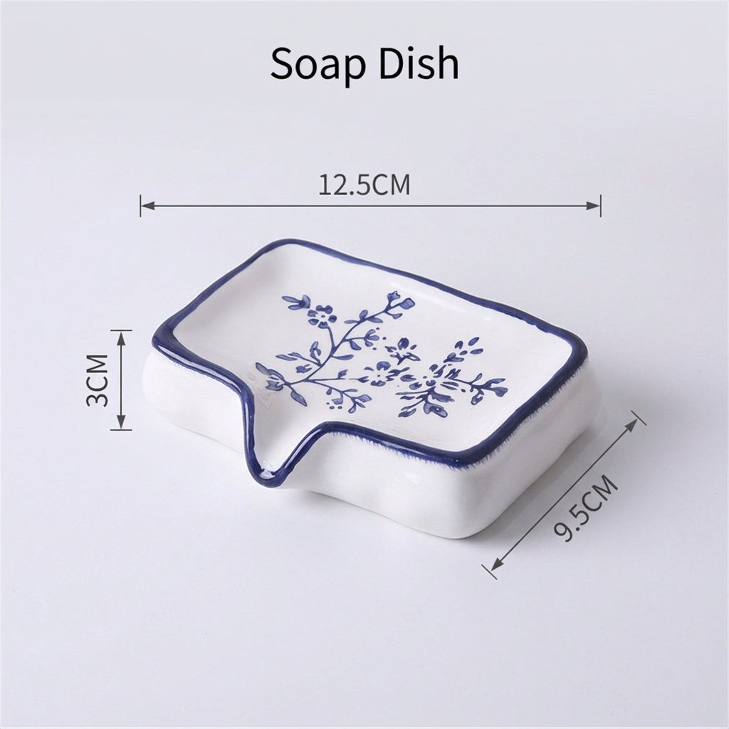 Blue Ceramic Soap Dish with Drainage Spout - 12.5 cm Floral Soap Holder with view 5