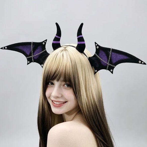 Halloween Bat Wing Devil Horn Headband - Black Purple Gothic Vampire Cosplay view 3