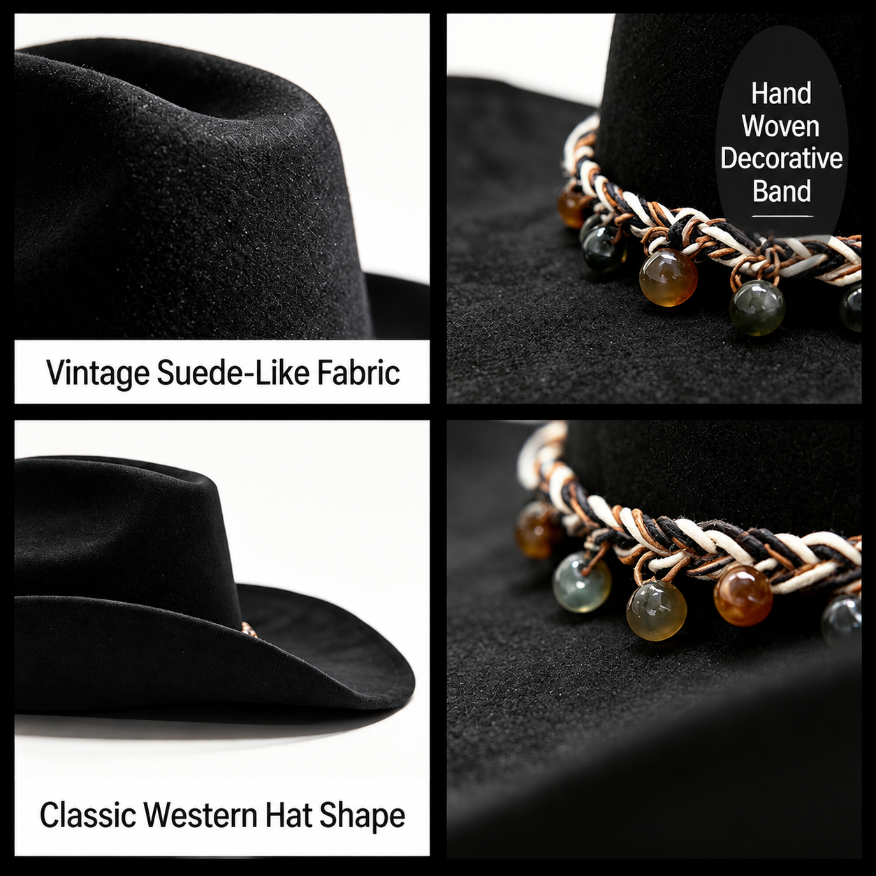 Western Cowboy Hat - Black Suede Fabric view 3