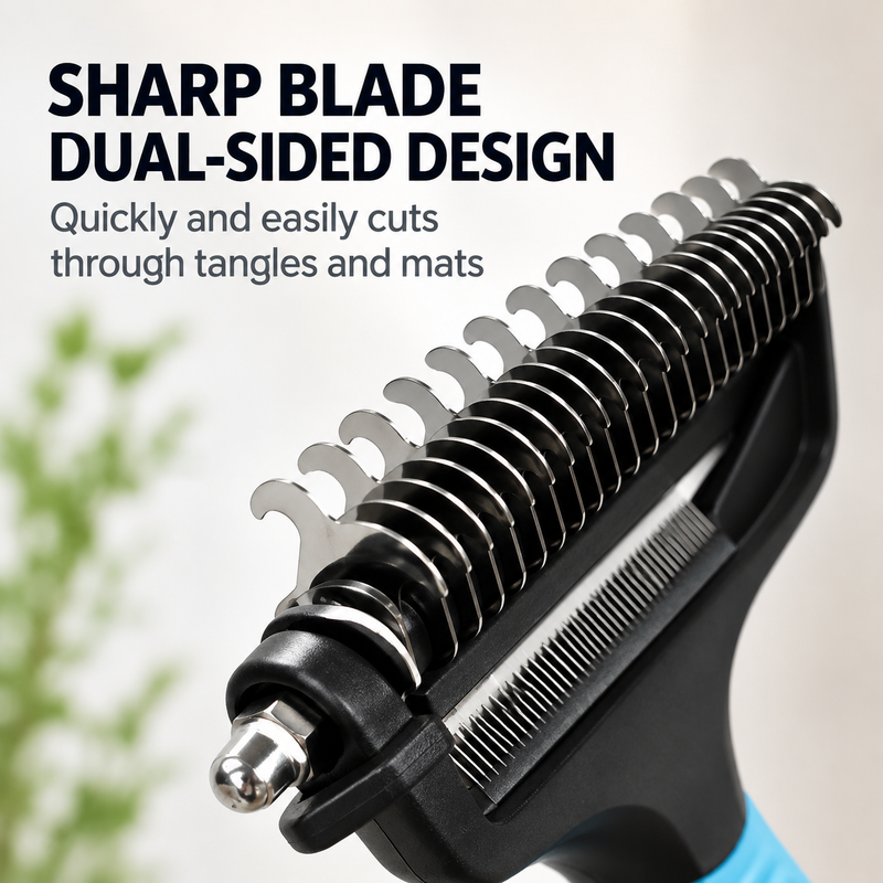 Blue 3 in 1 Pet Dematting Comb - Detangling Rake view 4