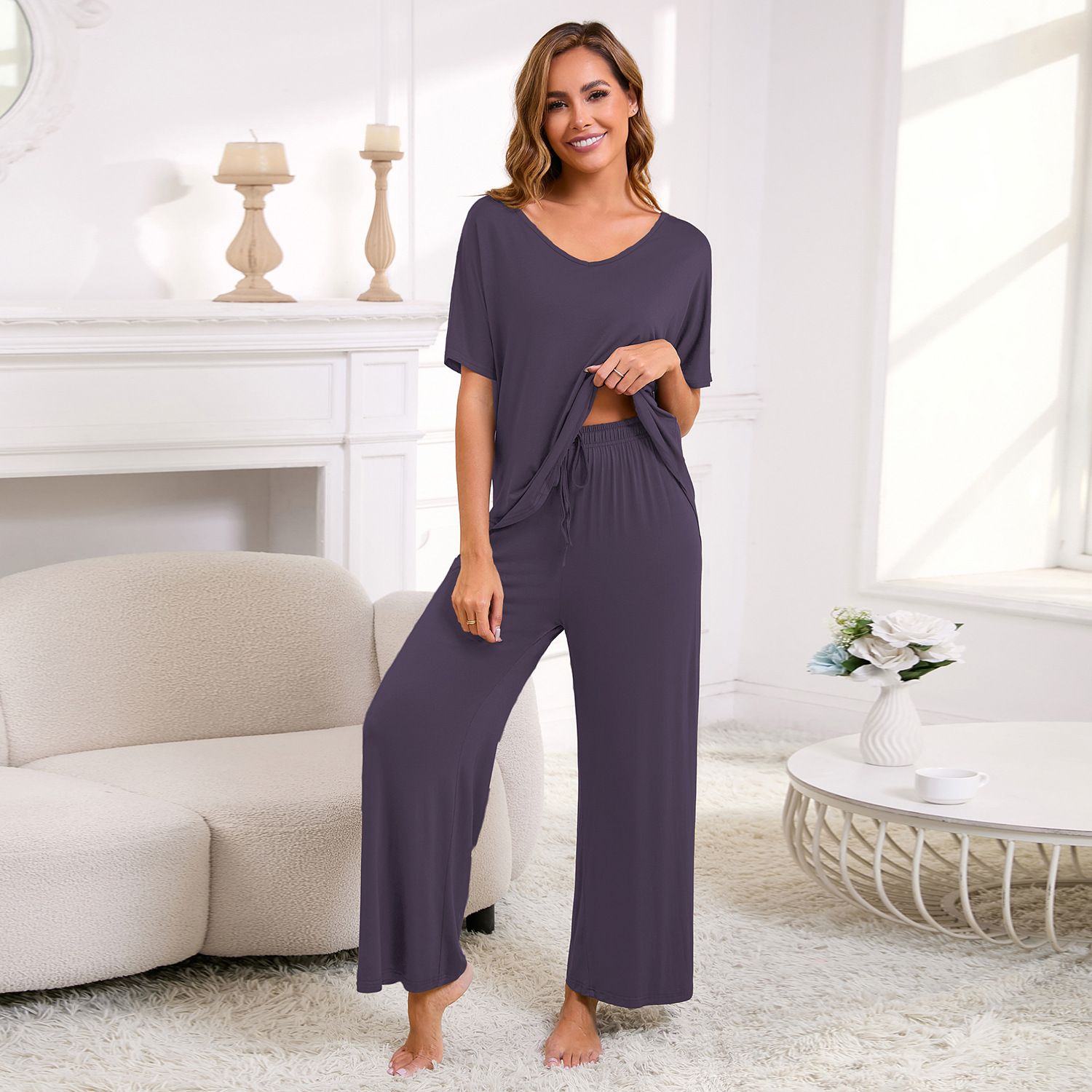 Iron GreyWomen's Modal Lounge Set Pink V Neck Short Sleeve Top and Wide Leg Pants view 3