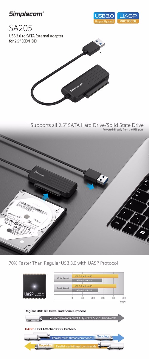 Simplecom SA205 Compact USB 3.0 to SATA Adapter Cable Converter for 2.5" SSD/HDD view 4