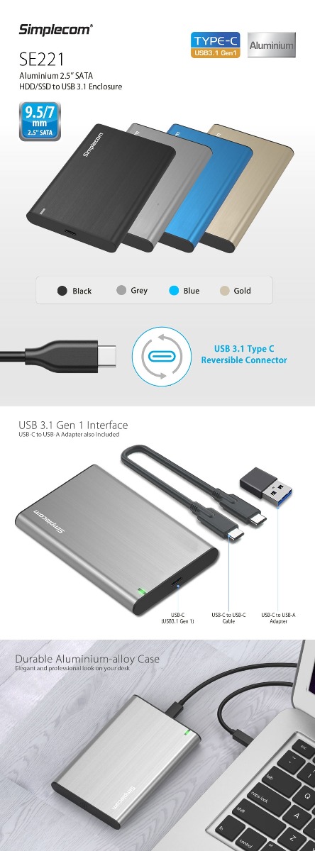 Simplecom SE221 Aluminium 2.5'' SATA HDD/SSD to USB 3.1 Enclosure Black view 2